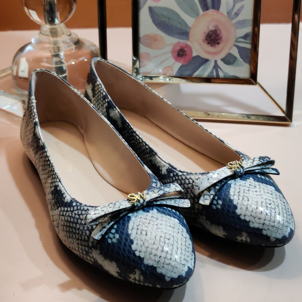 Stuart Weitzman Jodie Python Flats Blue + Ivory